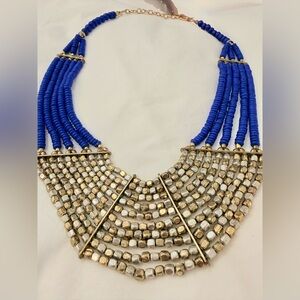 Blue and Gold Beaded Bib Necklace